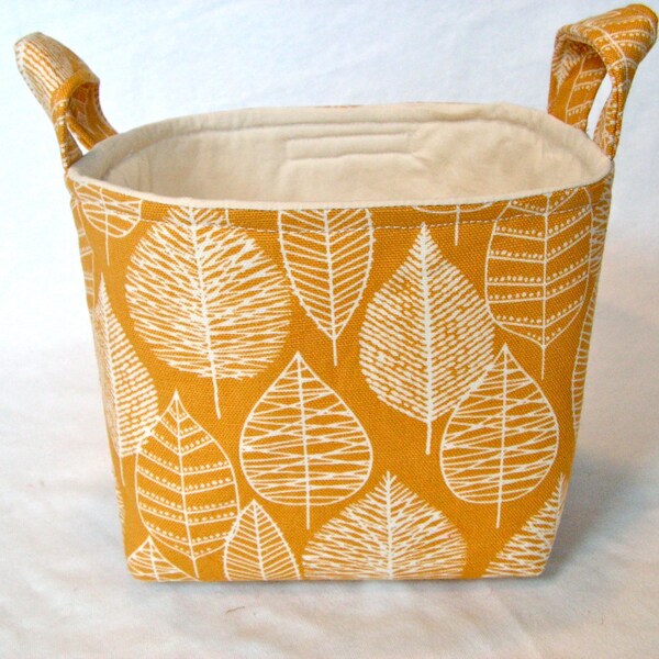 Organic Canvas Fabric Basket - Cloth Storage Bin with Handles -  Gold Leaves / Bark & Branch Cloud 9