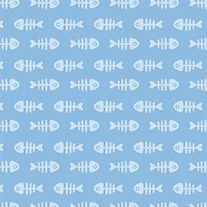 May include: A repeating pattern of white fish skeleton illustrations on a light blue background. The fish bones are evenly spaced and oriented horizontally, creating a consistent and visually appealing design. This pattern is suitable for fabric or wallpaper.