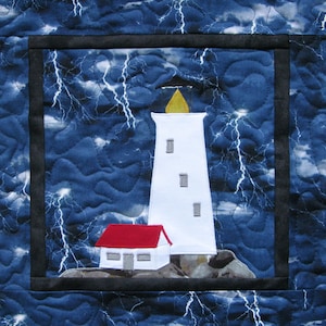 May include: A white lighthouse with a red roof and a yellow light stands on a rocky shore against a stormy blue sky with white lightning bolts.