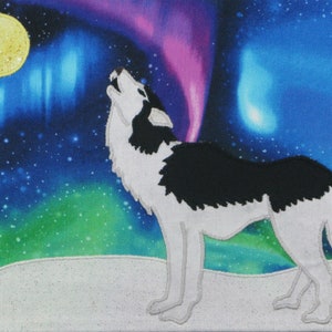 May include: A white and black wolf howls at the moon under a vibrant aurora borealis. The sky is a mix of blue, green, and purple with a yellow moon in the upper left corner.