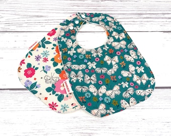 Flower Baby Bib with Butterflies, Cotton Terry Cloth Snaps