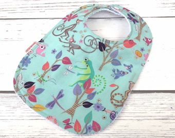 Green Bib with Animals - Baby Girl Bibs - Woodland Baby Girl Bib - Baby Bibs - Monkey Baby Gifts - Terry Cloth Bib - Infant Baby Bib - Gift