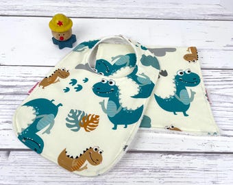 Dinosaur Bib and Burp Cloth Set – Handmade Cotton Baby Gift