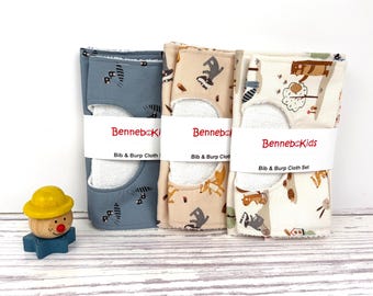 Woodland Baby Bib & Burp Cloth Set, Fox Raccoon Bear Print