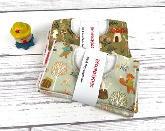 Woodland Baby Bib and Burp Cloth Set: Bear, Fox, Mushroom Print