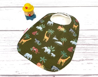 Safari Animals Baby Bib – Cotton Terry Cloth, Snap Closure