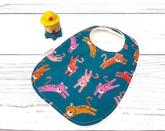 Tiger Baby Bib – Teal Cotton Terry Cloth Bib with Snaps