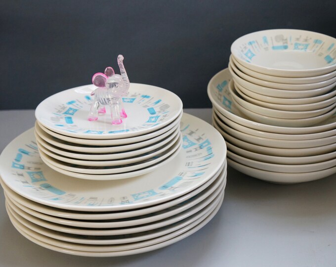 Blue Heaven Dinnerware 1950s Atomic Mid Century Plates and Bowls