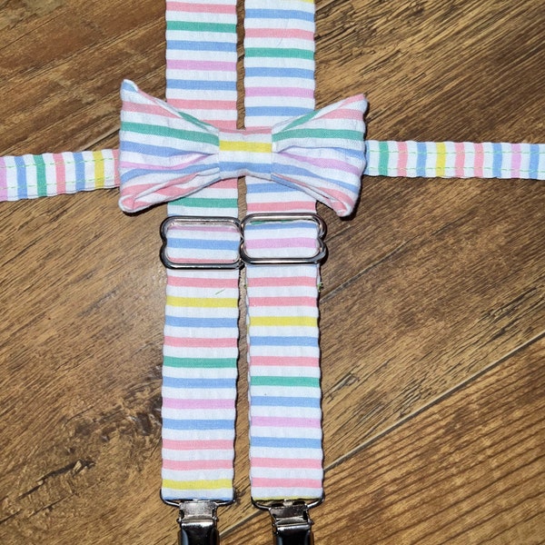 Sprint Pastel seersucker stripe spring print Suspenders and Bow tie/Boy/Toddler/Child/Great for Ring Bearers - Weddings/easter outfit/spring