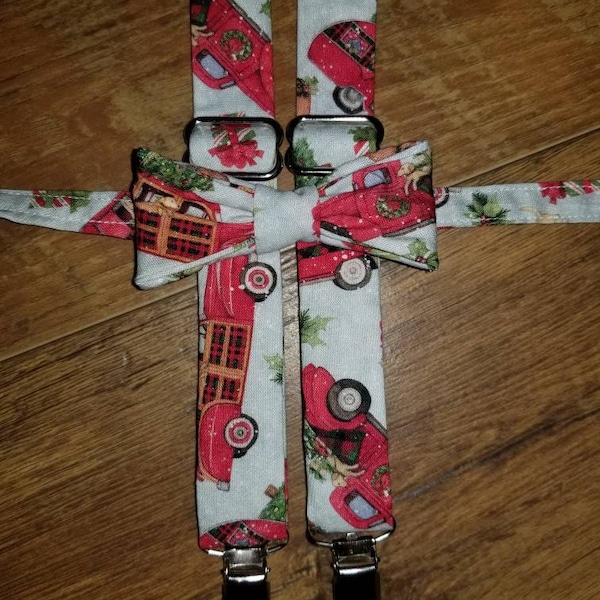 Red truck Christmas tree, country Christmas/Winter/Holiday/print Boys/toddler/infant child bowtie Suspender/necktie for size newborn-adult