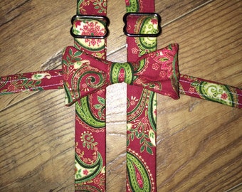 Christmas/Holiday/outfit Boys bowtie Suspender/red green and gold paisley great for pictures for cards or Santa -toddler/boy child necktie