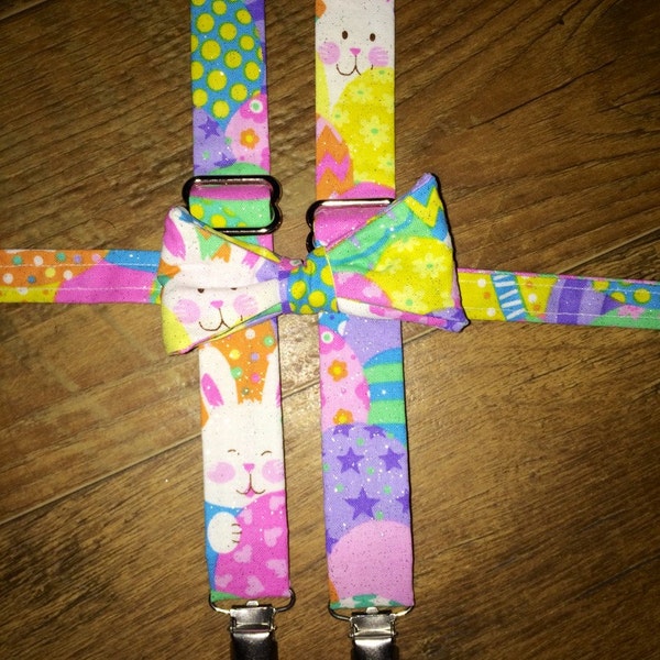 Fun bright bunny and Easter egg spring print Suspenders and Bow tie/Boy/Toddler/Child/Great for Ring Bearers - Weddings/easter outfit/spring