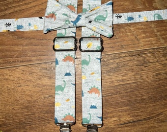 Dinosaur gray, print  boys bow tie suspender set - boy,child, toddler necktie/bow tie -perfect for pictures birthdays