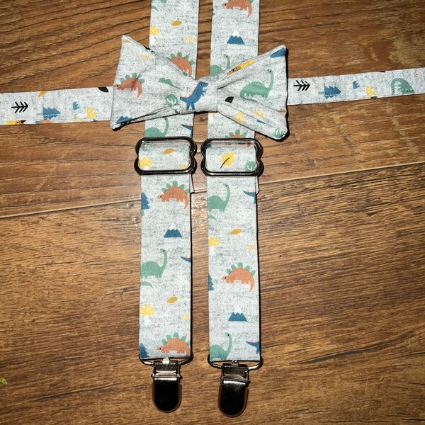 Dinosaur gray, print  boys bow tie suspender set - boy,child, toddler necktie/bow tie -perfect for pictures birthdays