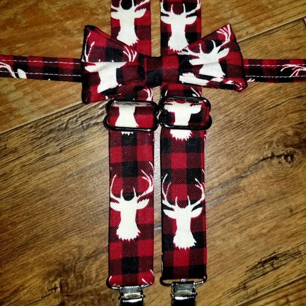 Christmas/Winter/Holiday/deer Boys/toddler/infant child outfit bowtie necktie Suspender/red black plaid/cotton traditional buffalo plaid