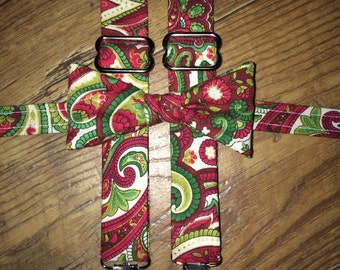 Christmas /Holiday/outfit Boys bowtie Suspender/red green and cream paisley great for pictures for cards or Santa -toddler/boy child necktie