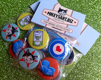 Pack of 4 Button Badges, cat, love, chair, target, pop-art, mods, soup, andy warhol, peter blake, ray winstone, gift,