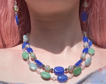 SALE Valentine! "My Fun and Fancy": Necklace and earrings of Luscious Periwinkle Blue & Lima Bean Green Chalcedony Ovals