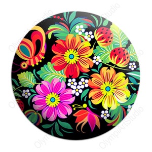 OlympiArt Studio Cabochon, Round, Flower Daisy Bouquet, Black Background