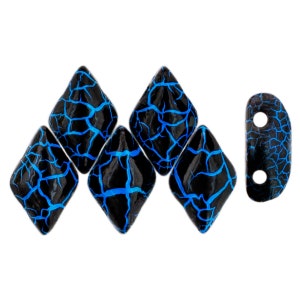 May include: A set of six black and blue glass beads with a cracked pattern. The beads are shaped like diamonds and have two holes each.