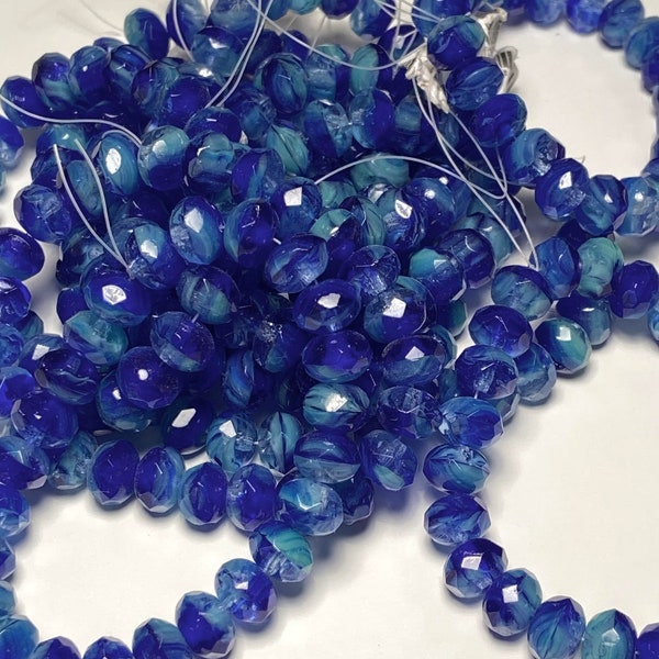 Vintage Bohemian Faceted Glass Rondelles, Ocean Blue, 6mmX4mm, 25/Strand