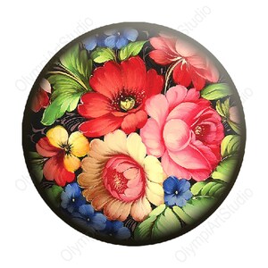 OlympiArt Studio Cabochon, Round, Flower Bouquet on Black Background