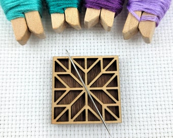 Wood Needle Minder | Pinwheel Star Quilt Block | Maple and Walnut Wood