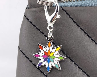 Blazing Star Quilt Block Rainbow Zipper Pull | Hard Enamel Charm Jewelry