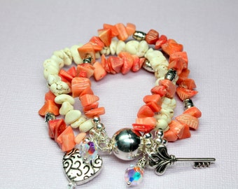 Coral Bracelet, Triple Beaded Bracelet, Magnesite and Coral, Charm Bracelet, Coral Jewelry, Boho Style