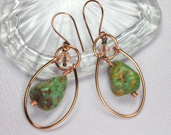 Turquoise Earrings, Green Turquoise Hoop Earrings, Wire Wrapped Gemstones, Large Turquoise, Handmade Copper Jewelry, Boho Chic