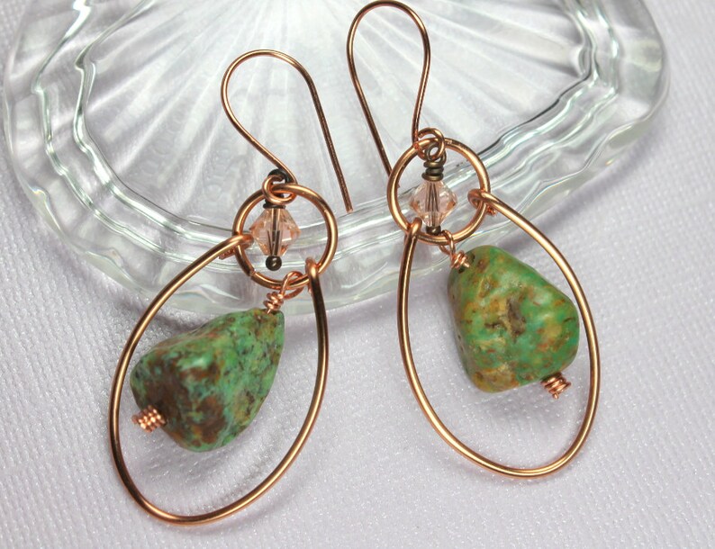 Turquoise Earrings, Green Turquoise Hoop Earrings, Wire Wrapped Gemstones, Large Turquoise, Handmade Copper Jewelry, Boho Chic image 1