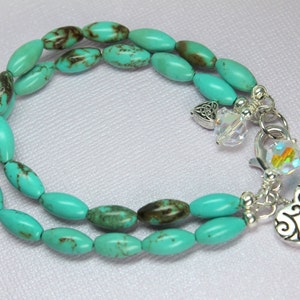 Turquoise Charm Bracelet, Turquoise Double Beaded Bracelet, Southwestern Style, Silver Heart Bracelet