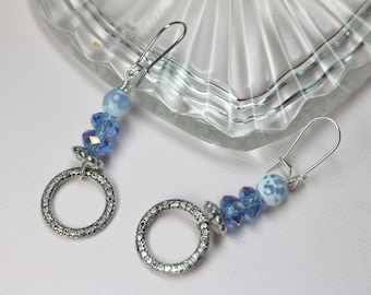 Blue Agate Crystal Earrings, Crystal Dangle Earrings, Silver Blue Drop Earrings, Silver Circle Earrings, Circle Jewelry