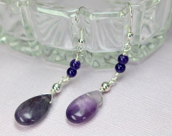 Long Amethyst Silver Earrings, February Birthstone, Lavender Amethyst Dangles, Amethyst Teardrop Earrings, Wire Wrapped Amethyst Gemstones