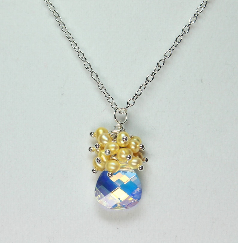 Swarovski Crystal Pendant Necklace, Freshwater Pearl Cluster, Clear Crystal Pendant Necklace, Wedding Necklace, Yellow Pearls image 2