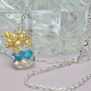 Swarovski Crystal Pendant Necklace, Freshwater Pearl Cluster, Clear Crystal Pendant Necklace, Wedding Necklace, Yellow Pearls image 5