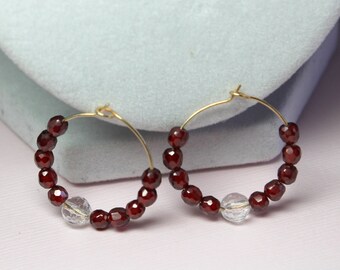 Red Hoop Earrings, CZ Beaded Earrings, Rock Crystal Gemstones, Medium Gold Hoops, 14k Gold Filled,  Red Beaded Hoops,