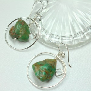 Silver Turquoise Earrings, Raw Turquoise Gemstones, Genuine Turquoise Hoop Earrings, Handmade Hoops, Southwestern Jewelry