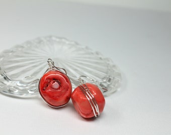 Salmon Coral Earrings, Silver Beaded Dangle, Chunky Beaded Natural Coral, Wedding Beach Bridal Earrings, Statement Earrings