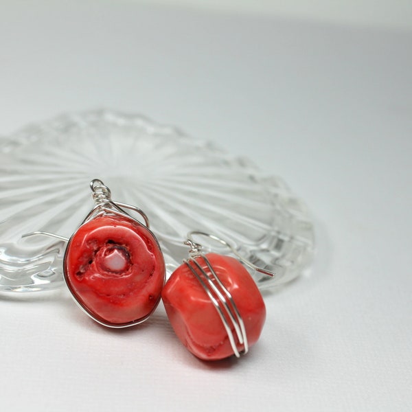 Salmon Coral Earrings, Silver Beaded Dangle, Chunky Beaded Natural Coral, Wedding Beach Bridal Earrings, Statement Earrings