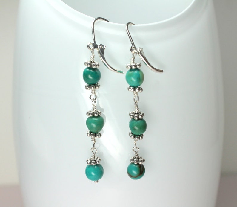 Long Turquoise Earrings, Beaded Earrings, December Birthstone, Turquoise Dangles, Wire Wrapped Turquoise Stones image 4