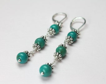 Long Turquoise Earrings, Beaded Earrings, December Birthstone, Turquoise Dangles, Wire Wrapped Turquoise Stones