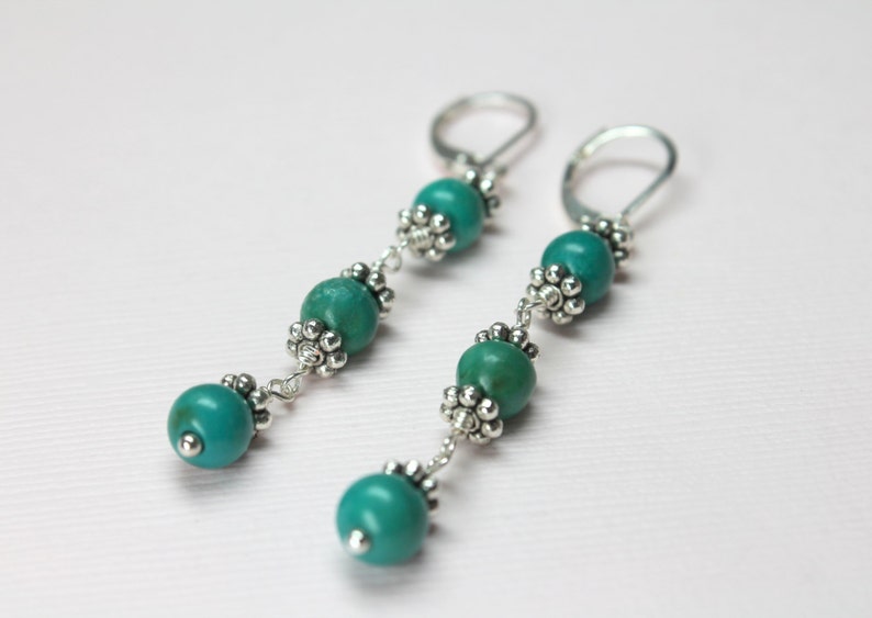 Long Turquoise Earrings, Beaded Earrings, December Birthstone, Turquoise Dangles, Wire Wrapped Turquoise Stones image 1