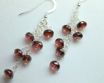 Red Garnet Earrings, Genuine Garnet Dangles, Red Chandelier Earrings, January Birthstone, Wire Wrapped Garnet Earrings