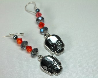 Skull Earrings Swarovski Crystals Long Drop Earrings, Gothic Halloween Jewelry