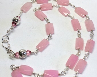 Rose Quartz Long Necklace, Rose Quartz Gemstones, Heart Chakra, Handmade Wire Wrapped Quartz Necklace, Necklace and Earrings