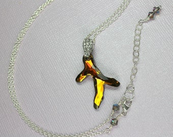 Gold Swarovski Crystal Branch Necklace in Sterling Silver, Large Crystal Pendant, Beach Jewelry, Gold Silver Pendant.