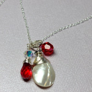 Red Crystal Necklace, MOP Teardrop Pendant, Large Pearl Teardrop, Wire Wrapped Crystal Necklace, Silver Pearl Necklace