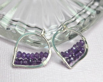 Amethyst Heart Hoop Earrings, Sterling Silver, Minimalist, Small Hoop Earrings, Wire Wrapped Petal Earrings, Beaded Amethyst Earrings