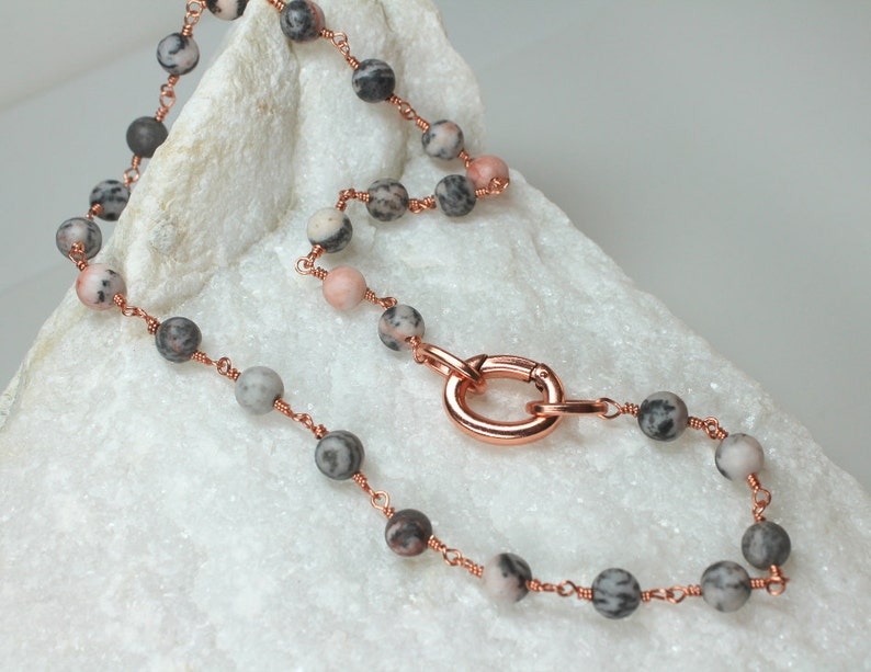 Jasper Gemstone Choker, Jasper Copper Necklace, Wire Wrapped Pink and Gray, Simple Necklace